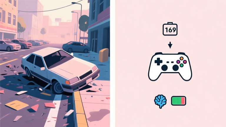 自动生成图片: Split-screen image contrasting a chaotic video game parking scene with a car awkwardly angled against a curb, and a clean, minimalist diagram of game controller inputs and cognitive load icons, in a soft pastel color scheme high quality illustration, detailed, 16:9