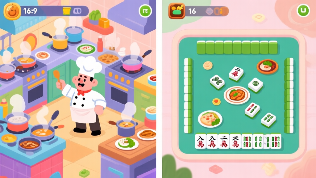 Split-screen illustration comparing two distinct game genres. Left side shows a chaotic, colorful kitchen with a cartoon chef managing multiple cooking stations, symbolizing time management games. Right side shows a serene, organized layout of mahjong tiles with food illustrations, symbolizing puzzle cooking games. Soft pastel color palette. high quality illustration, detailed, 16:9
