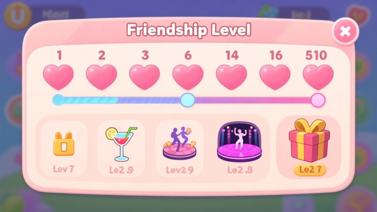 自动生成图片: Game UI screenshot style showing a friendship level progress bar with multiple hearts, from level 1 to level 10, with unlockable icons like a cocktail, a dance floor, and a gift box appearing at higher levels, soft pastel color scheme high quality illustration, detailed, 16:9