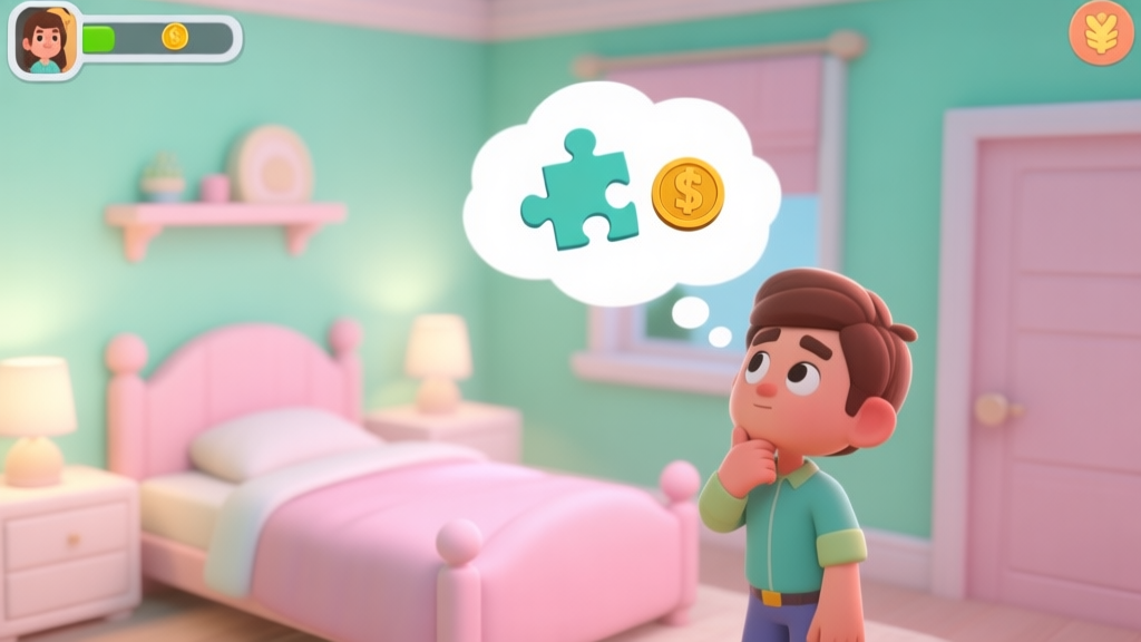 A cozy, softly lit virtual bedroom scene from a mobile life simulation game, showing a character thinking with a thought bubble containing a puzzle piece and a coin, pastel color palette with mint green and blush pink high quality illustration, detailed, 16:9
