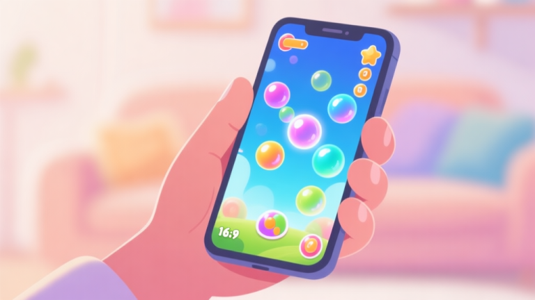 自动生成图片: A hand holding a smartphone showing a vibrant bubble pop game screen, with colorful bubbles mid-pop, soft glow effects, and a blurred cozy background, in a flat illustration style with pastel colors high quality illustration, detailed, 16:9