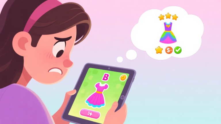 自动生成图片: A frustrated player looking at a tablet screen showing a 'B' rating in a colorful dress-up game, with a thought bubble showing a perfect 'S+' score, soft pastel background high quality illustration, detailed, 16:9