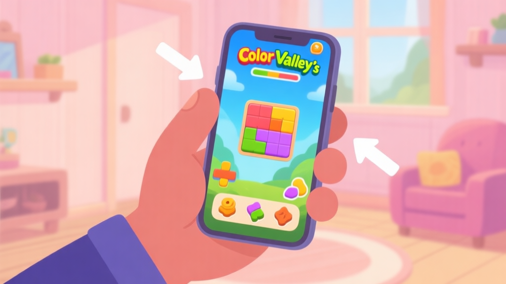 A welcoming and soft-colored game scene showing a new player's hand holding a mobile phone with Color Valley's vibrant puzzle level on screen, gentle guiding arrows pointing to basic elements, in a cozy room setting, flat illustration style high quality illustration, detailed, 16:9