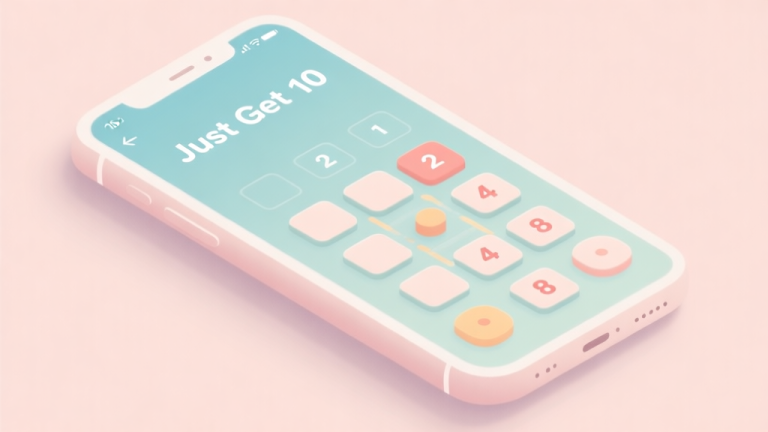 自动生成图片: A calming, minimalist digital illustration of a smartphone screen showing a 'Just Get 10' game board in soft pastel colors, with numbers like 2, 4, and 8 neatly arranged, conveying a sense of orderly strategy high quality illustration, detailed, 16:9