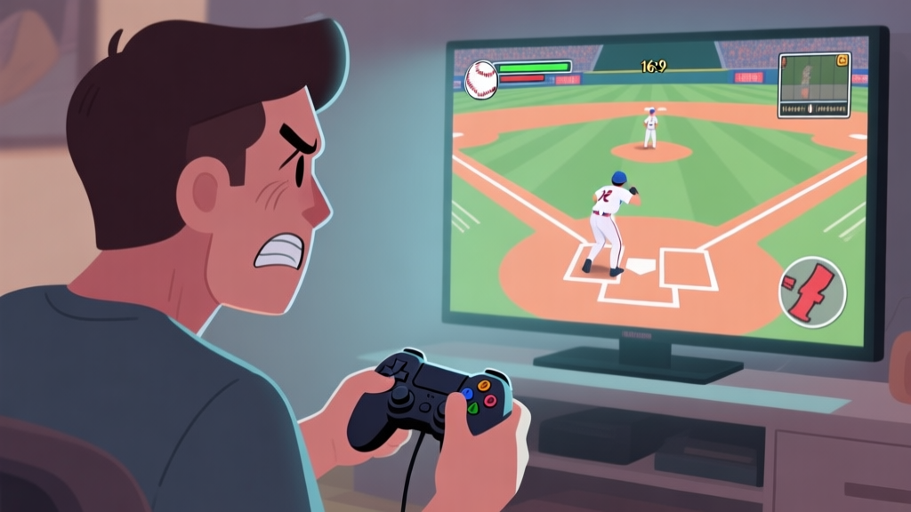 A frustrated gamer looking at a baseball video game screen showing a strikeout, with a simple controller in hand, soft lighting, muted colors high quality illustration, detailed, 16:9