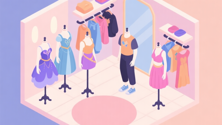 自动生成图片: A stylized, isometric view of a virtual dressing room with mannequins wearing different themed outfits (fantasy, casual, glam), clothing racks in the background, soft pastel color palette, clean lines, flat design style high quality illustration, detailed, 16:9
