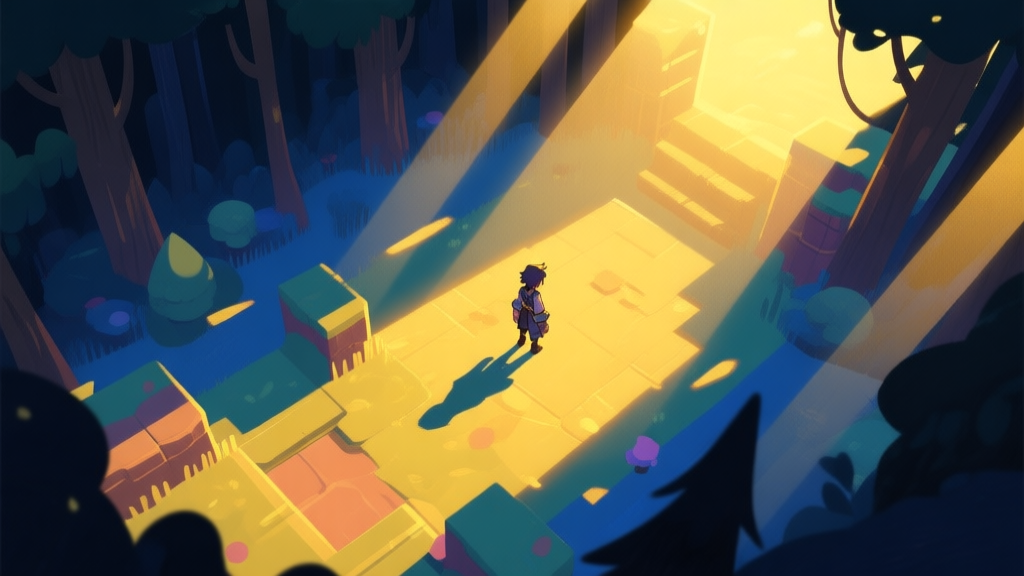 A stylized, top-down view of a vibrant video game level with golden sunbeams cutting through a dark forest, illuminating a character standing in both light and shadow, soft color palette with warm gold and cool blues high quality illustration, detailed, 16:9