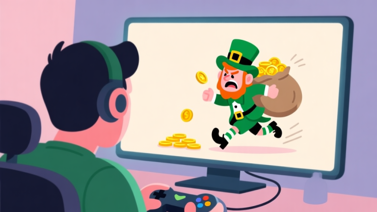 自动生成图片: A frustrated gamer looking at a screen showing a cartoon leprechaun character escaping with a bag of gold, soft pastel colors, flat illustration style high quality illustration, detailed, 16:9