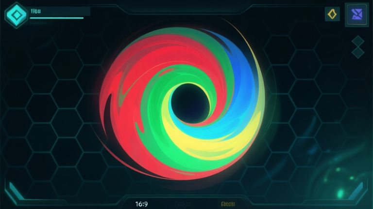 自动生成图片: Abstract digital art of swirling, impossible colors like reddish-green and bluish-yellow blending in a vortex, set against a dark game-like UI background with subtle hexagons, soft glow, ethereal atmosphere high quality illustration, detailed, 16:9