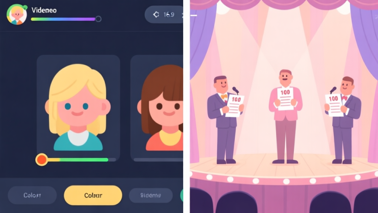 自动生成图片: A split-screen illustration showing a video game character creator interface on one side, with blonde and brunette hair color options highlighted, and on the other side, a stylized stage with judges holding scorecards, in a soft pastel color palette high quality illustration, detailed, 16:9