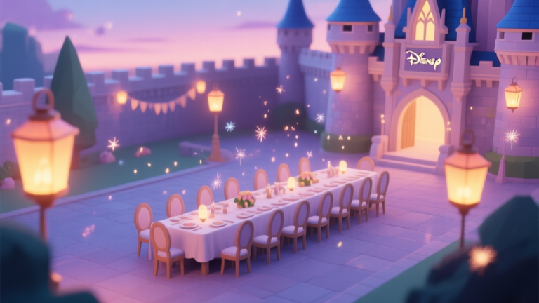 自动生成图片: A magical, isometric view of a Disney-style castle courtyard at dusk, with glowing lanterns, a long banquet table with empty chairs, and subtle sparkles in the air, evoking a sense of a party about to begin, soft pastel color palette high quality illustration, detailed, 16:9
