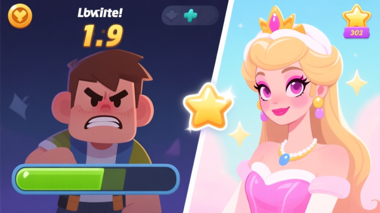 自动生成图片: A split-screen illustration showing a frustrated game character on one side with a low score, and a confident, beautifully made-up 'spa princess' character on the other side with a high score and shining stars, soft pastel color palette high quality illustration, detailed, 16:9