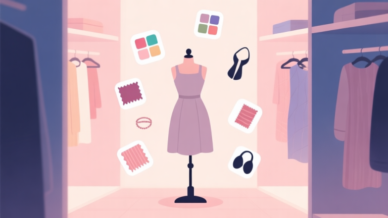 自动生成图片: A gentle, pastel-colored illustration of a virtual dressing room with a mannequin wearing a simple base dress, surrounded by floating icons of color palettes, fabric swatches, and accessory silhouettes, soft lighting high quality illustration, detailed, 16:9