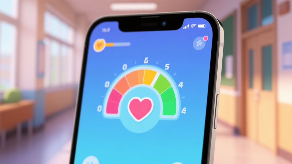 A close-up view of a smartphone screen showing a colorful in-game relationship meter with a heart icon, the meter is partially filled, set against a soft, blurred background of a virtual school hallway. high quality illustration, detailed, 16:9