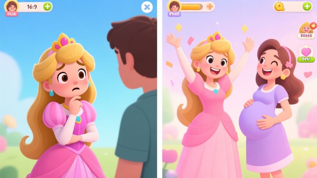 A split-screen mobile game illustration showing contrast: left side shows a princess character looking confused at her friend, right side shows the same princess happily celebrating with her pregnant best friend, soft pastel color palette, life simulation game style high quality illustration, detailed, 16:9