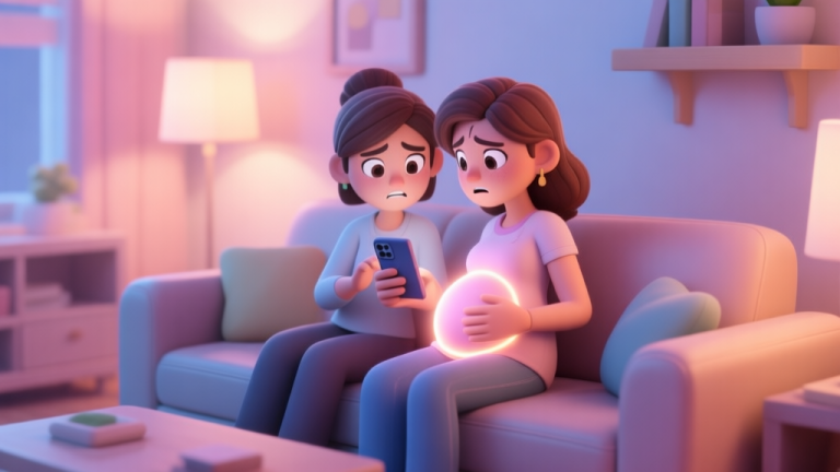 自动生成图片: A cozy, softly lit virtual living room scene from a life simulation game, with two stylized female avatar characters on a sofa. One character has a visible pregnancy glow, they are looking at a mobile device together with a mix of confusion and determination, pastel color palette high quality illustration, detailed, 16:9