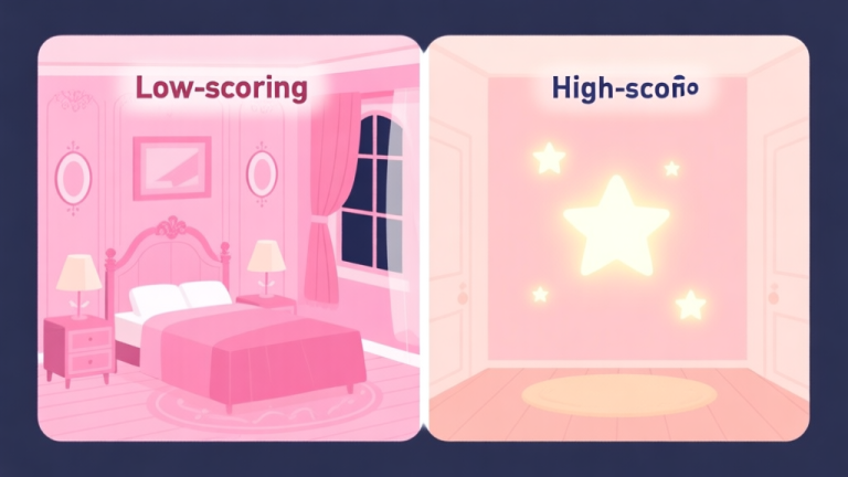 自动生成图片: A split-screen illustration showing a beautifully decorated but low-scoring pink room on the left, and a simpler but high-scoring room with glowing stars on the right, flat design style, soft pastel colors high quality illustration, detailed, 16:9