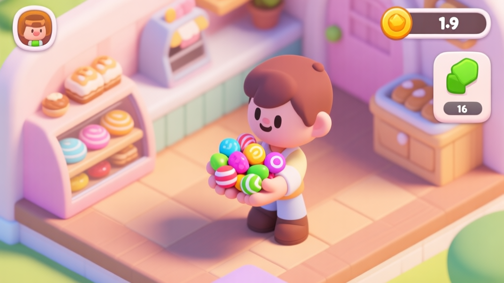 A vibrant, isometric view of a game simulation scene showing a cozy bakery. A character is holding a handful of colorful cartoon candy items, with a resource counter in the corner showing a low number, visual style of popular mobile simulation games, soft pastel colors high quality illustration, detailed, 16:9