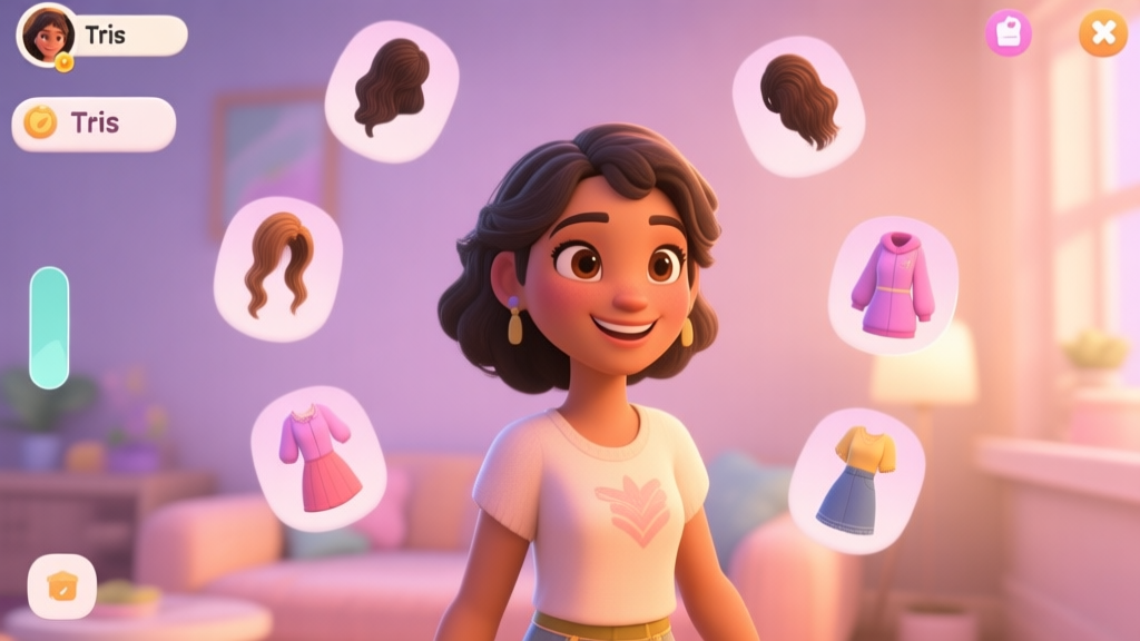 A cozy, inviting scene of a virtual character customization screen in a life simulation game, showing a friendly female avatar (Tris) with multiple clothing and hairstyle options floating around her, soft pastel color palette, warm lighting high quality illustration, detailed, 16:9