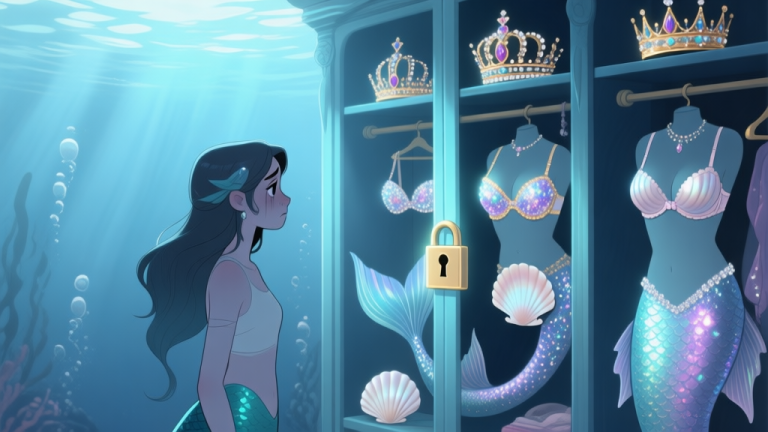 自动生成图片: A melancholic mermaid avatar in a simple outfit looking at a glowing, locked wardrobe filled with dazzling crowns, shell bras, and sparkling tail fins, soft underwater light filtering from above, muted blues and pearlescent tones high quality illustration, detailed, 16:9