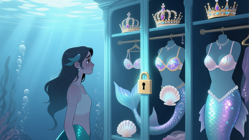 A melancholic mermaid avatar in a simple outfit looking at a glowing, locked wardrobe filled with dazzling crowns, shell bras, and sparkling tail fins, soft underwater light filtering from above, muted blues and pearlescent tones high quality illustration, detailed, 16:9