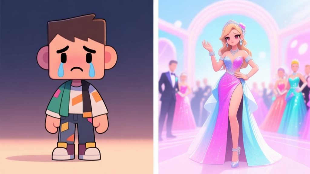 A split-screen illustration showing a sad-looking game avatar with mismatched clothes on one side, and a confident, beautifully coordinated avatar at a vibrant virtual prom on the other, soft pastel color palette high quality illustration, detailed, 16:9