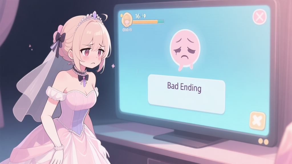 A frustrated game character in a prom dress looking at a disappointing game screen showing a "Bad Ending" message, soft pastel color palette, anime-inspired game art style high quality illustration, detailed, 16:9