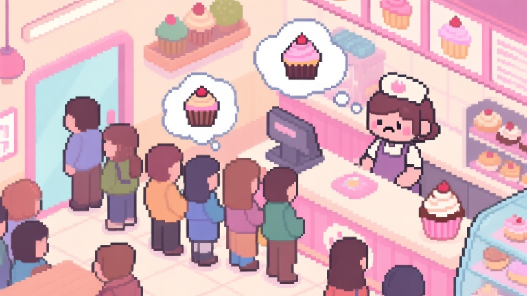 自动生成图片: A cozy, top-down view of a bustling pixel-art cupcake shop during rush hour, with multiple customers in line, thought bubbles showing cupcake icons, and a slightly stressed but cute shopkeeper character behind the counter, soft pastel color palette high quality illustration, detailed, 16:9