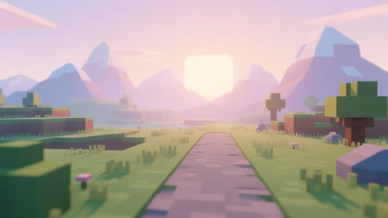 自动生成图片: A welcoming, serene landscape in a blocky game world at sunrise, with a simple path leading towards distant mountains, soft pastel color palette, low-poly style high quality illustration, detailed, 16:9