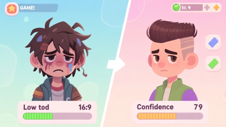 自动生成图片: A split-screen illustration showing a disheveled game character with low mood stats on one side, and the same character with a neat, quick hairstyle and high confidence stats on the other, in a soft pastel game UI style high quality illustration, detailed, 16:9