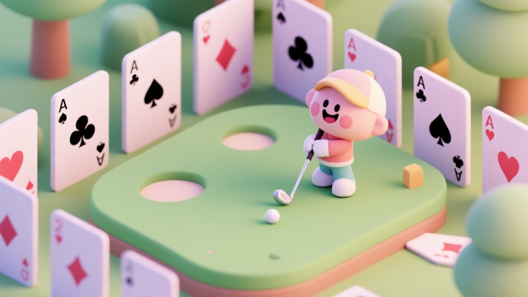 自动生成图片: A cozy, inviting scene of a virtual golf course made of playing cards, with a cheerful cartoon character holding a club, soft pastel colors, isometric view high quality illustration, detailed, 16:9