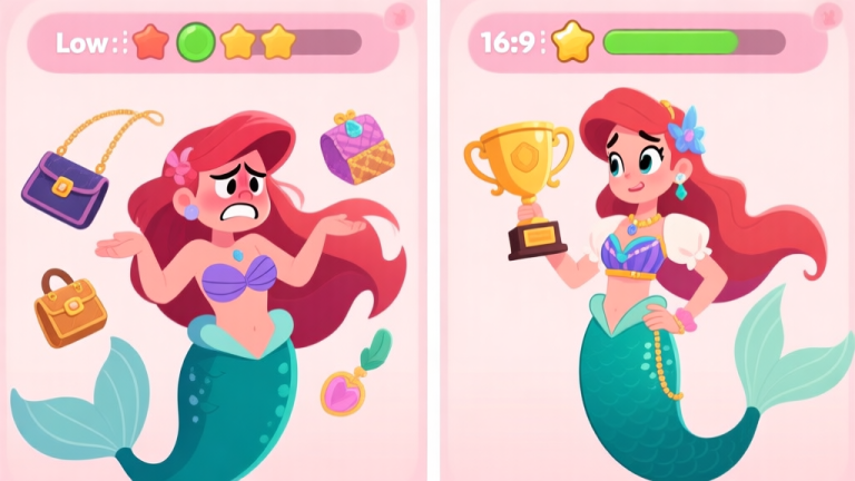 自动生成图片: A split-screen illustration showing a frustrated mermaid character on the left with mismatched, expensive items receiving a low score, and a confident mermaid on the right with a cohesive, thematic outfit receiving a top score and trophy, in a soft pastel game art style high quality illustration, detailed, 16:9