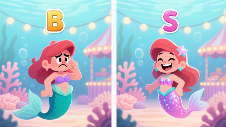 自动生成图片: A split-screen illustration showing a frustrated game character on the left with a low score (B) above their mermaid outfit, and a happy character on the right with a perfect score (S) and a sparkling outfit. The background is underwater carnival themed with soft corals and lights, in a gentle pastel color palette. high quality illustration, detailed, 16:9