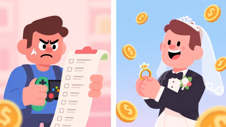 自动生成图片: A split-screen illustration showing a frustrated game character on the left looking at a long shopping list, and a happy character on the right holding a wedding ring, with game currency icons floating around, in a soft pastel color scheme high quality illustration, detailed, 16:9