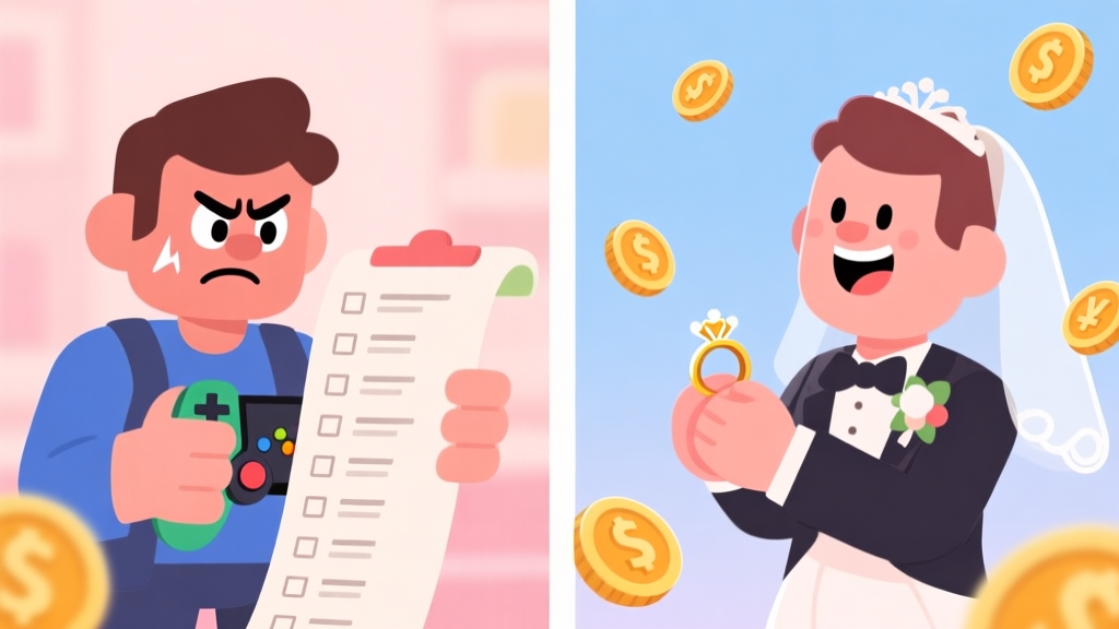 A split-screen illustration showing a frustrated game character on the left looking at a long shopping list, and a happy character on the right holding a wedding ring, with game currency icons floating around, in a soft pastel color scheme high quality illustration, detailed, 16:9