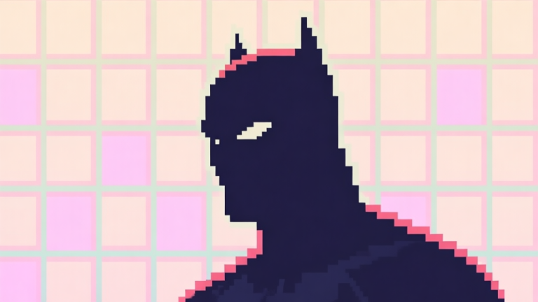 自动生成图片: A vibrant, stylized pixel art grid showing a partially revealed iconic comic book character silhouette, with soft pastel colors and a clean, minimalist interface high quality illustration, detailed, 16:9
