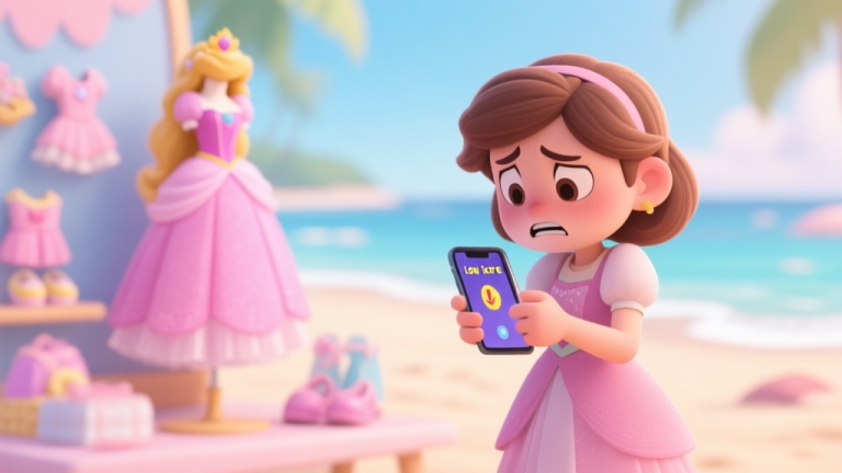 自动生成图片: A frustrated game character looking at a low score screen on a mobile device, with a beautiful beach and princess dress-up items blurred in the background, soft pastel color palette high quality illustration, detailed, 16:9