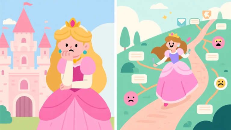 自动生成图片: A split-screen illustration showing a bored princess in a generic castle on one side, and an engaged princess on a dynamic adventure path with story branches and emotional icons on the other, using a soft pastel color palette and flat design style high quality illustration, detailed, 16:9