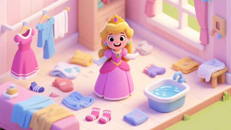 自动生成图片: A cozy, isometric view of a game scene with a princess character (Goldie) smiling, surrounded by scattered laundry items like a dress, socks, and a washbasin, in a soft pastel color palette, video game illustration style high quality illustration, detailed, 16:9