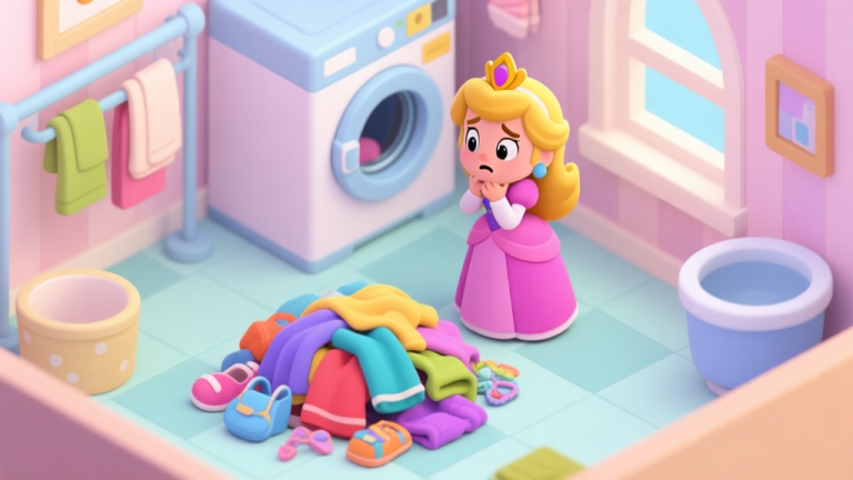 自动生成图片: A cozy, isometric view of a game scene with a princess character (Goldie) in a laundry room, looking confused at a pile of colorful clothes and accessories, soft pastel color palette, charming game illustration style high quality illustration, detailed, 16:9