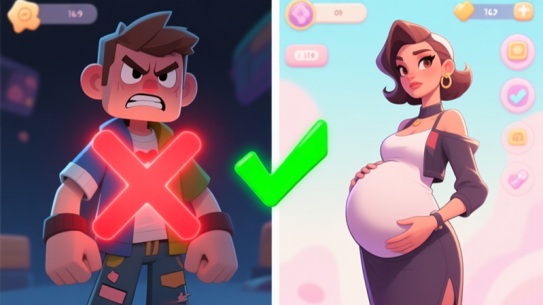 自动生成图片: A split-screen illustration showing a frustrated game character on the left with mismatched clothes and a glowing red 'X', and a confident, stylish pregnant character on the right with a well-coordinated outfit and a green checkmark, soft pastel game UI elements in the background high quality illustration, detailed, 16:9