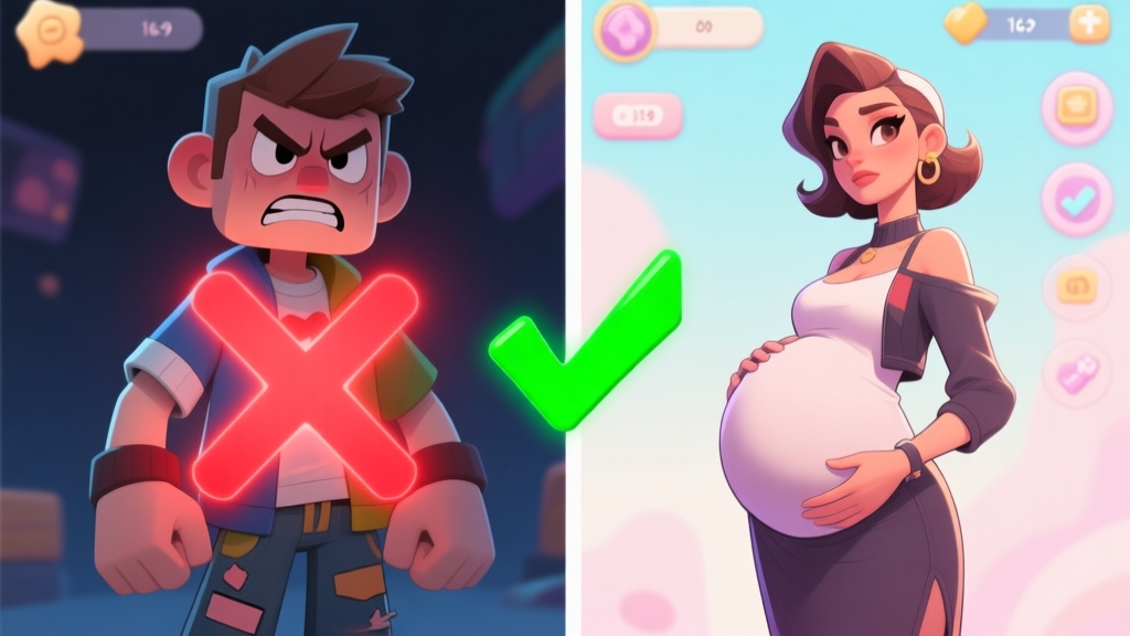A split-screen illustration showing a frustrated game character on the left with mismatched clothes and a glowing red 'X', and a confident, stylish pregnant character on the right with a well-coordinated outfit and a green checkmark, soft pastel game UI elements in the background high quality illustration, detailed, 16:9