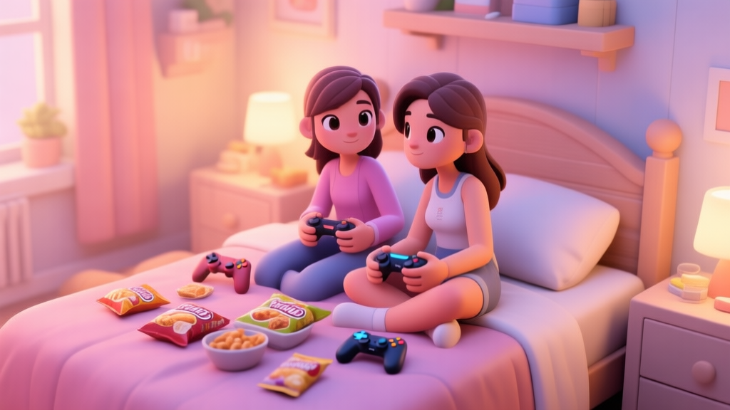 A cozy, softly lit virtual bedroom scene from a life simulation game, two stylized female characters sitting on a bed surrounded by snacks and game controllers, warm color palette with pastel tones high quality illustration, detailed, 16:9