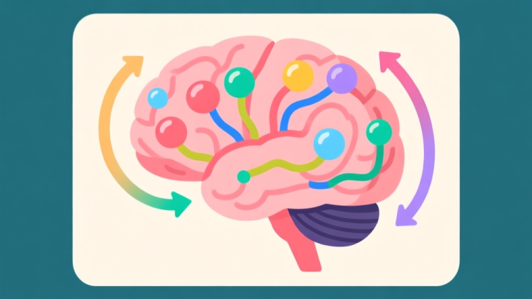 自动生成图片: A stylized illustration of a brain with colorful bubbles instead of neurons, connected by arrows showing a reward cycle, in a flat design style with soft pastel colors high quality illustration, detailed, 16:9