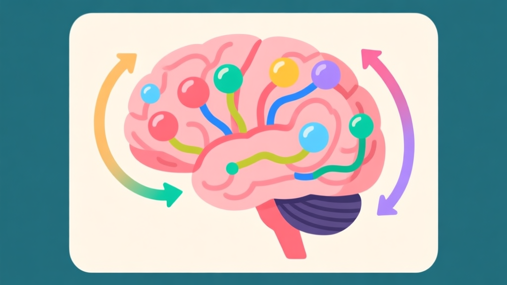 A stylized illustration of a brain with colorful bubbles instead of neurons, connected by arrows showing a reward cycle, in a flat design style with soft pastel colors high quality illustration, detailed, 16:9