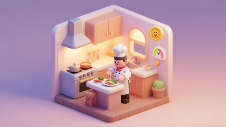 自动生成图片: A cozy isometric illustration of a small virtual restaurant kitchen, with a chef character preparing food, soft pastel colors, warm lighting, and simple UI elements like a happiness meter and coin counter floating nearby high quality illustration, detailed, 16:9