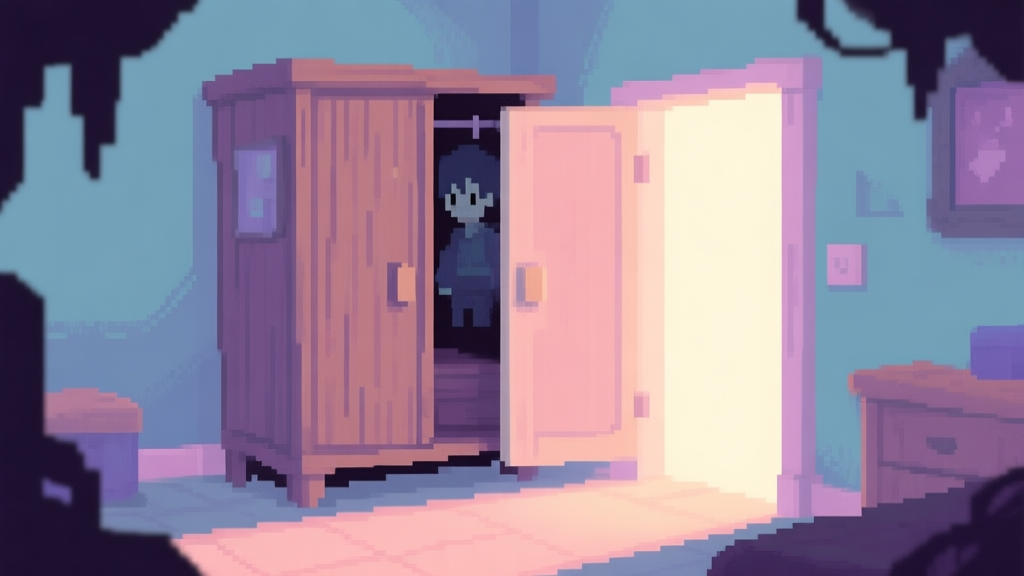 A cozy, slightly mysterious game scene in soft pastel colors, showing a stylized wooden wardrobe in a corner of a pixel-art style room, with a soft glow emanating from its slightly ajar door, hinting at a hidden character within high quality illustration, detailed, 16:9