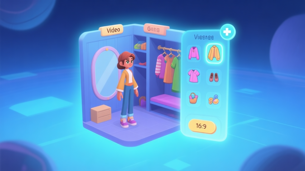 A stylized, inviting video game dressing room interface floating in a soft blue digital space. One side shows a character model, the other shows clothing and accessory icons. Soft glow highlights the interactive elements. high quality illustration, detailed, 16:9