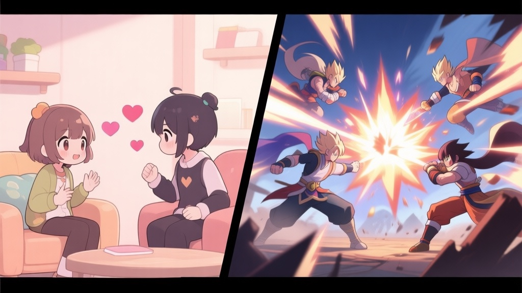 Split-screen game scene showing a cozy character conversation on the left with heart icons, and an intense battle scene on the right with the same characters performing a combined special attack, anime-inspired art style, soft colors high quality illustration, detailed, 16:9