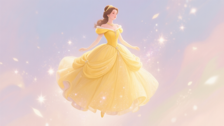 自动生成图片: A beautiful, elegant yellow ball gown dress floating in a magical sparkle, soft pastel background, fairytale aesthetic, digital painting style high quality illustration, detailed, 16:9